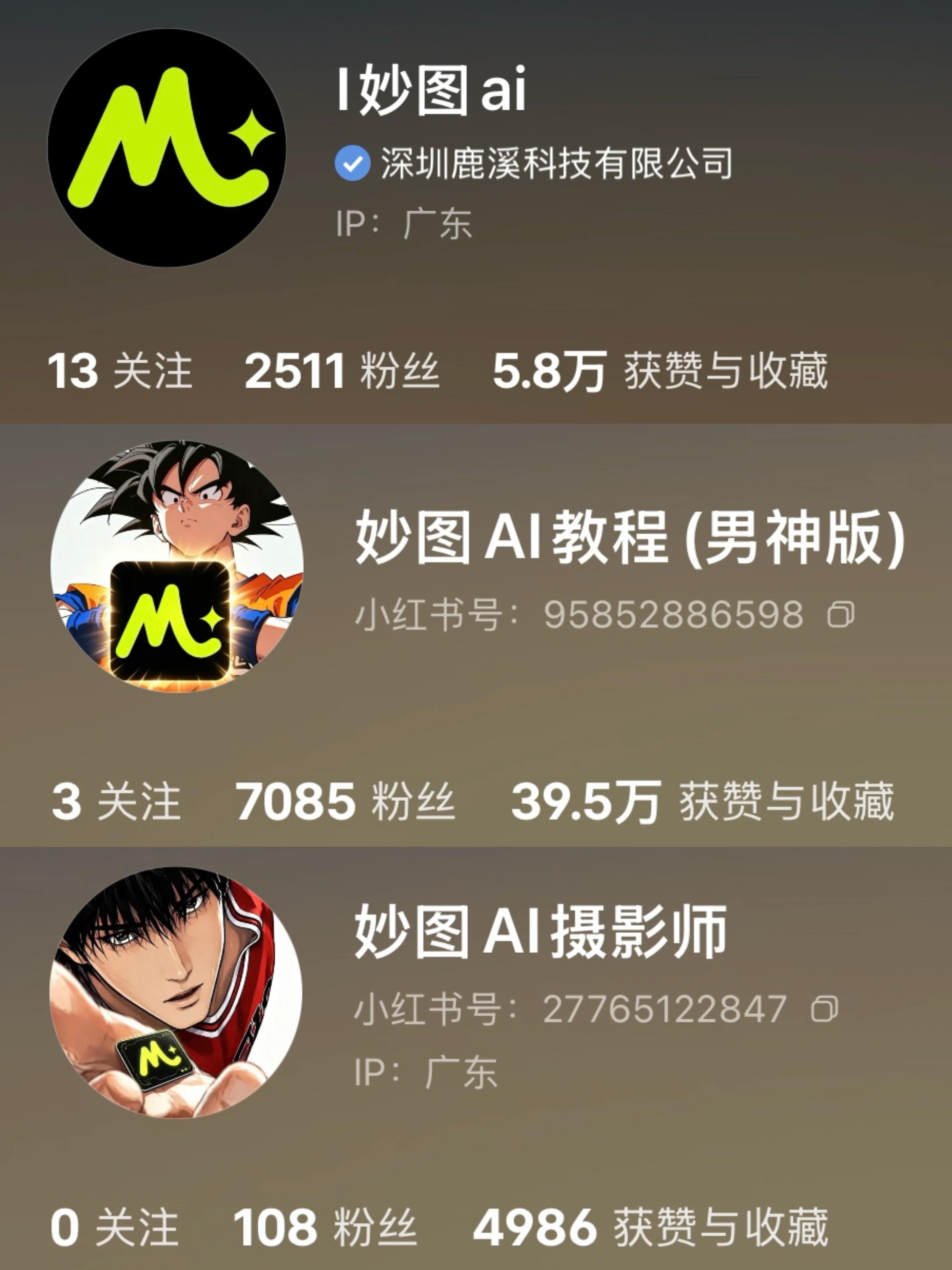 妙图AI企业号及相关账号的粉丝、获赞与收藏截图 / Miaotu AI account statistics
